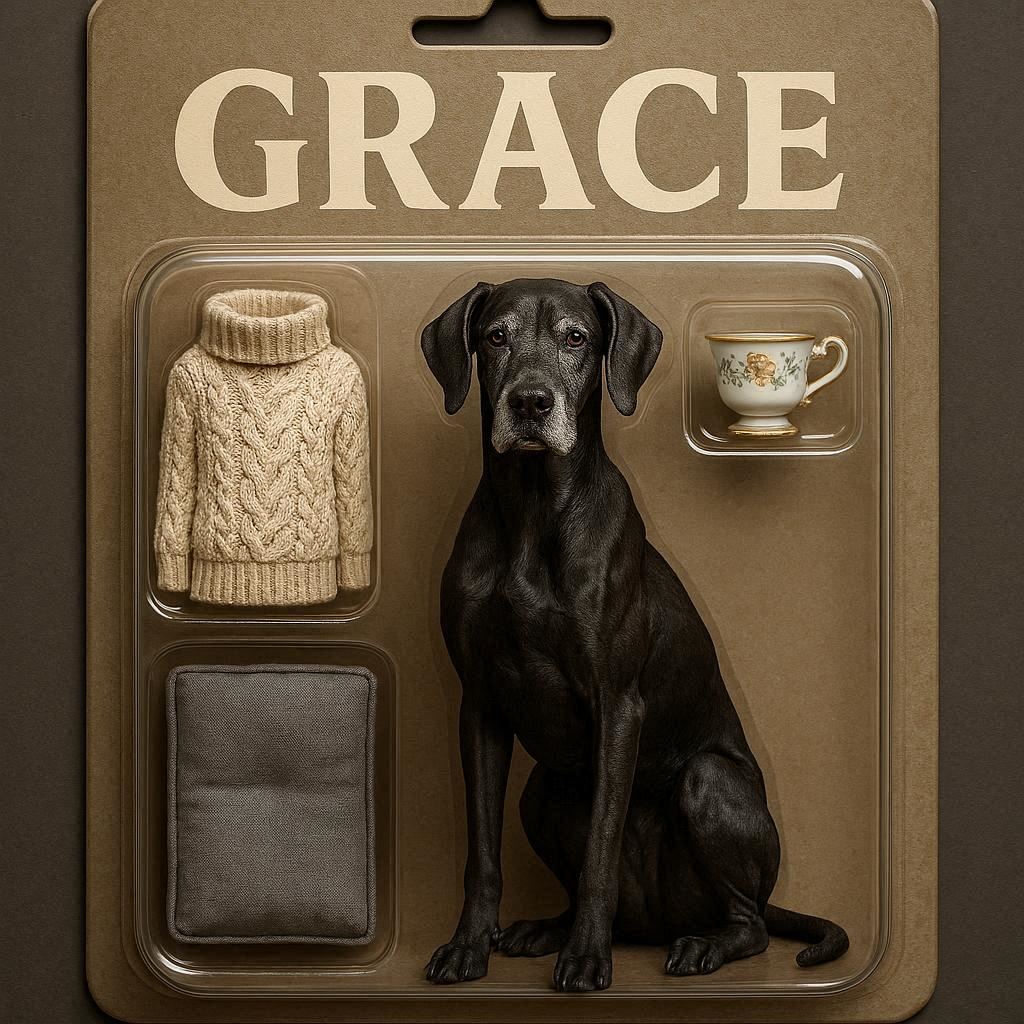 An action figure of a thin black Great Dane with some greying in her face in the style of a premium collectible toy. The dog figurine should be seated and facing straight ahead. The package should have a header with the text 'GRACE' in large letters. The accessories in compartments next to the figure are a cream-colored knit sweater, a rectangular grey dog bed, and a fancy teacup.