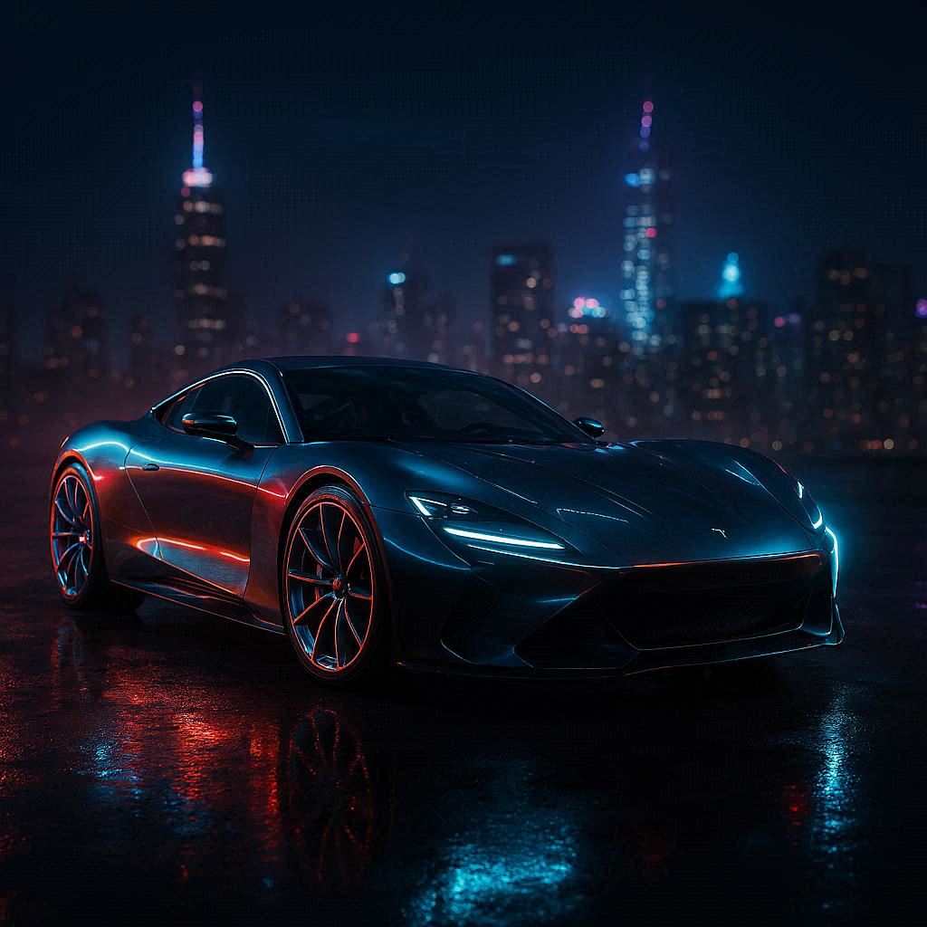 A hyper‑realistic dream car showcased in a dramatic nighttime setting. Sleek aerodynamic body, glossy metallic finish, glowing LED accents, and sculpted curves. Cinematic rim lighting, neon reflections on wet pavement, and a moody futuristic city skyline in the background. Low‑angle hero shot emphasizing power and elegance. Subtle motion blur, crisp details, and a bold, high‑end luxury vibe.